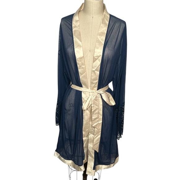 Exposed by Magic Silk Navy Ivory Lightweight Mesh W. Lace Trim Kimono Robe L/XL - Picture 1 of 6